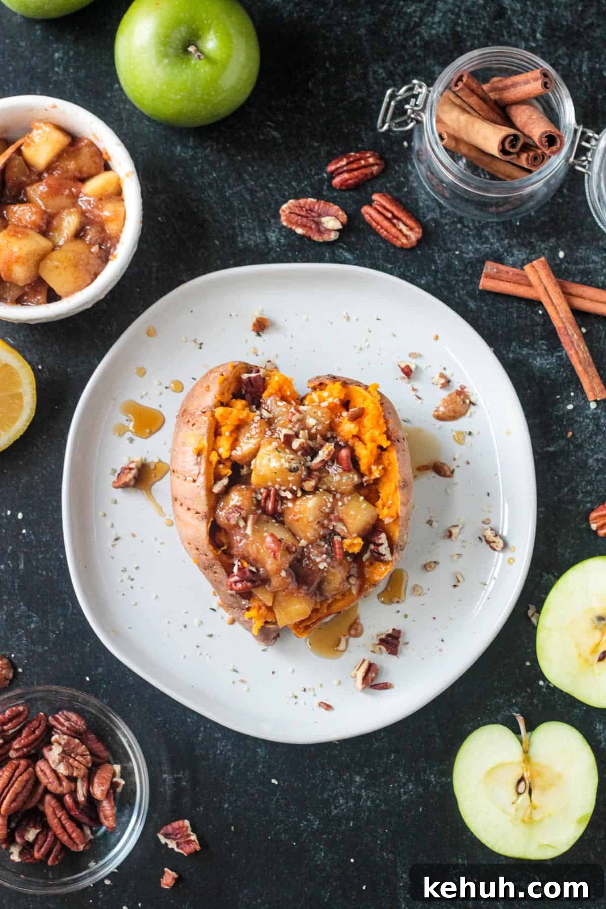 Stovetop Cinnamon Apples Recipe — Quick Comfort Dessert 9 Stovetop cinnamon apples on top of a stuffed sweet potato.