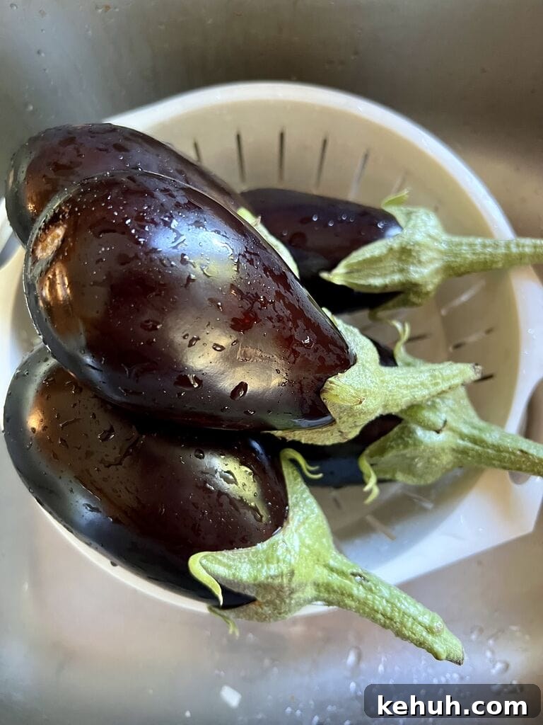 Washed eggplants.