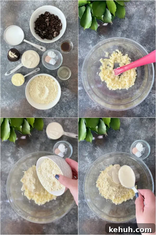 photo collage of how to make Vegan Pound Cake: all the ingredients in bowls, creaming butter and sugar, adding flour, adding yogurt