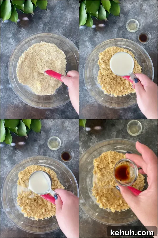 photo collage of how to make gluten free Pound Cake: mixing, adding milk, adding vanilla