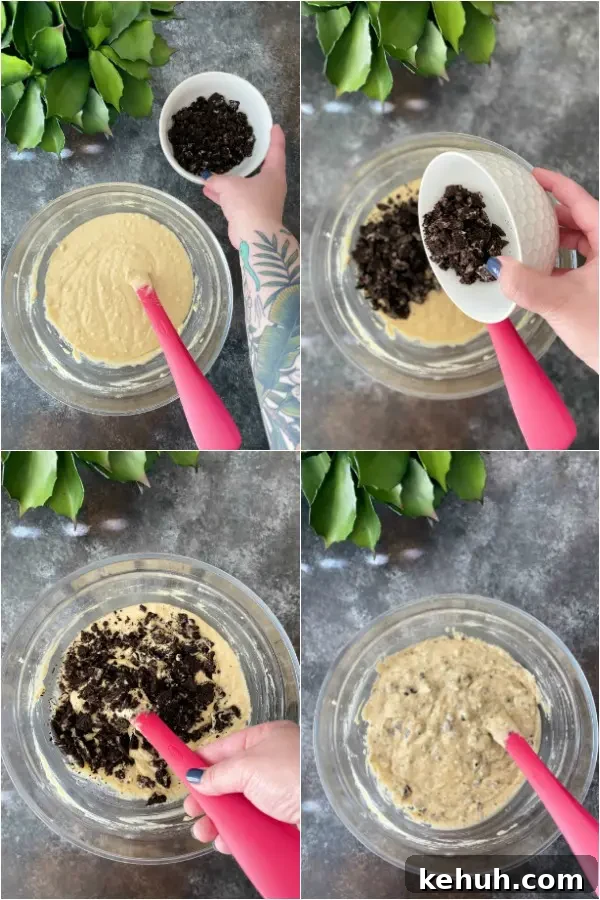 photo collage of how to make Pound Cake: mixing batter, add chocolate sandwich cookie pieces, mix in