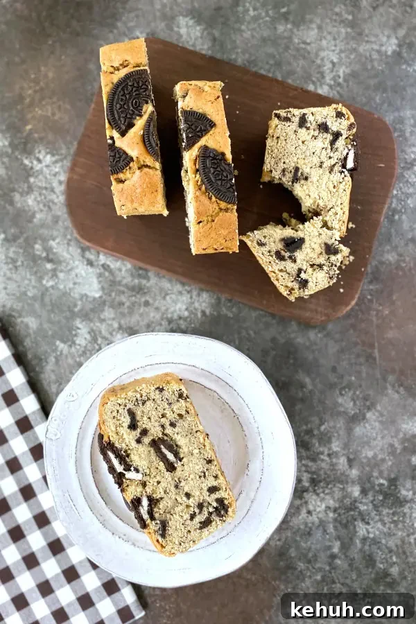 overhead view of Cookies and Cream Pound Cake: a slice on a plate, several slices on a cutting board