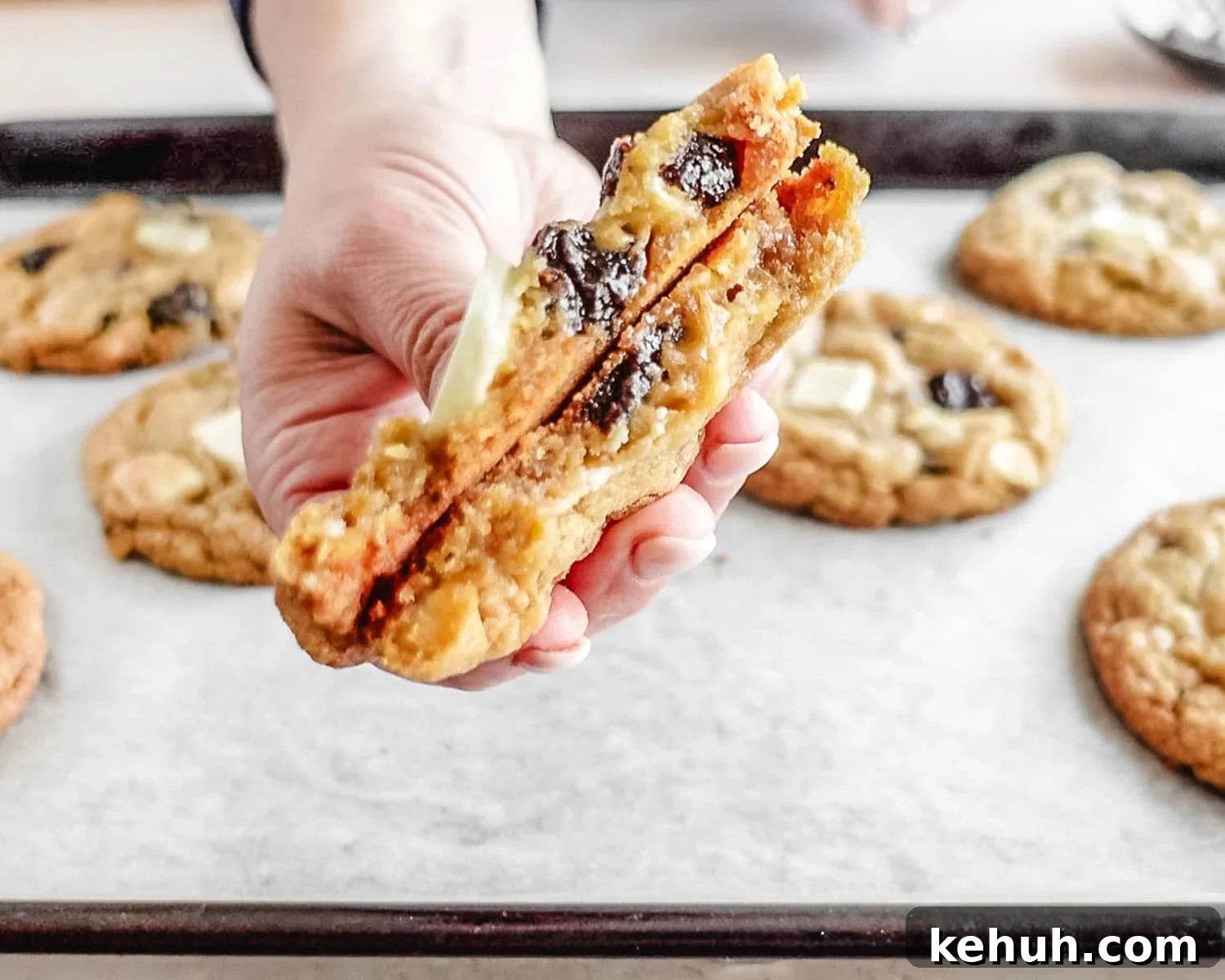 Chewy inside of strawberry white choc cookie.