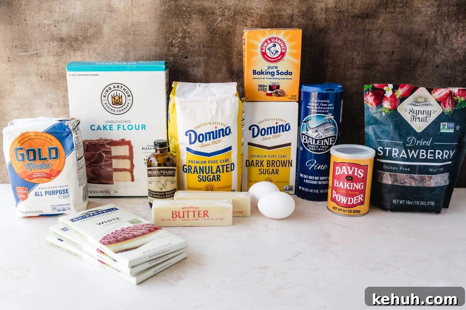 Ingredients needed to make strawberry white chocolate cookies with dried strawberries.