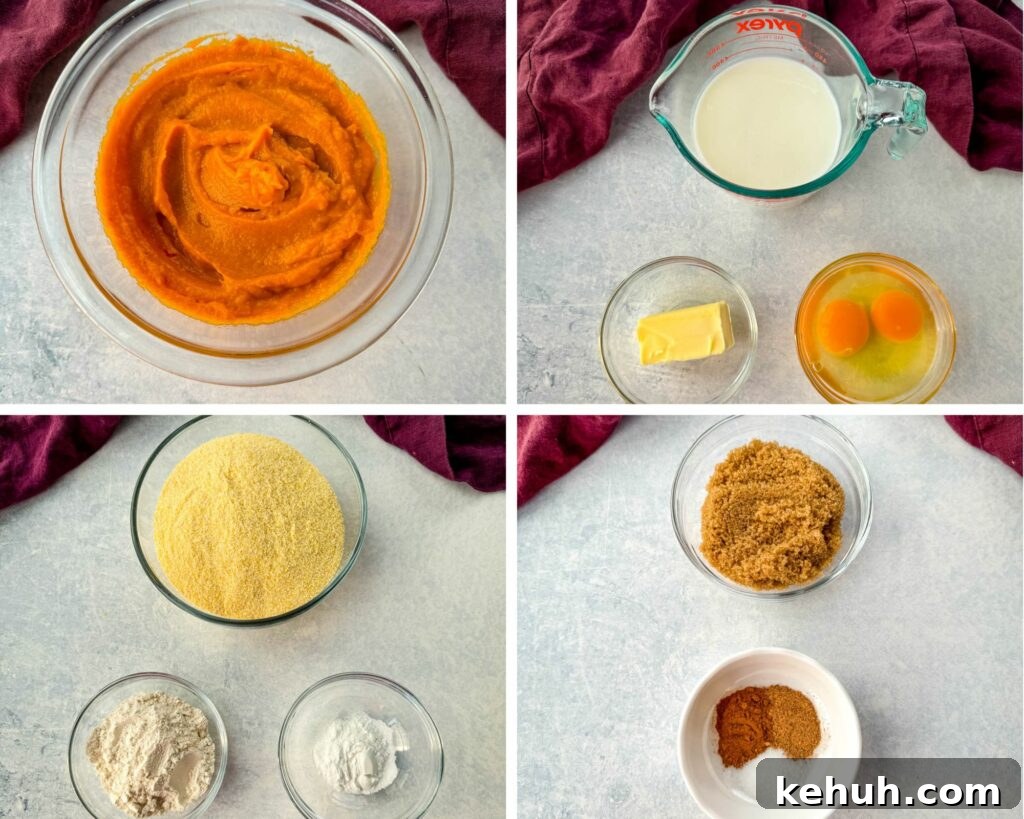pureed sweet potatoes, butter, buttermilk, eggs, yellow cornmeal, flour, baking powder, brown sugar, cinnamon, and nutmeg in separate glass bowls