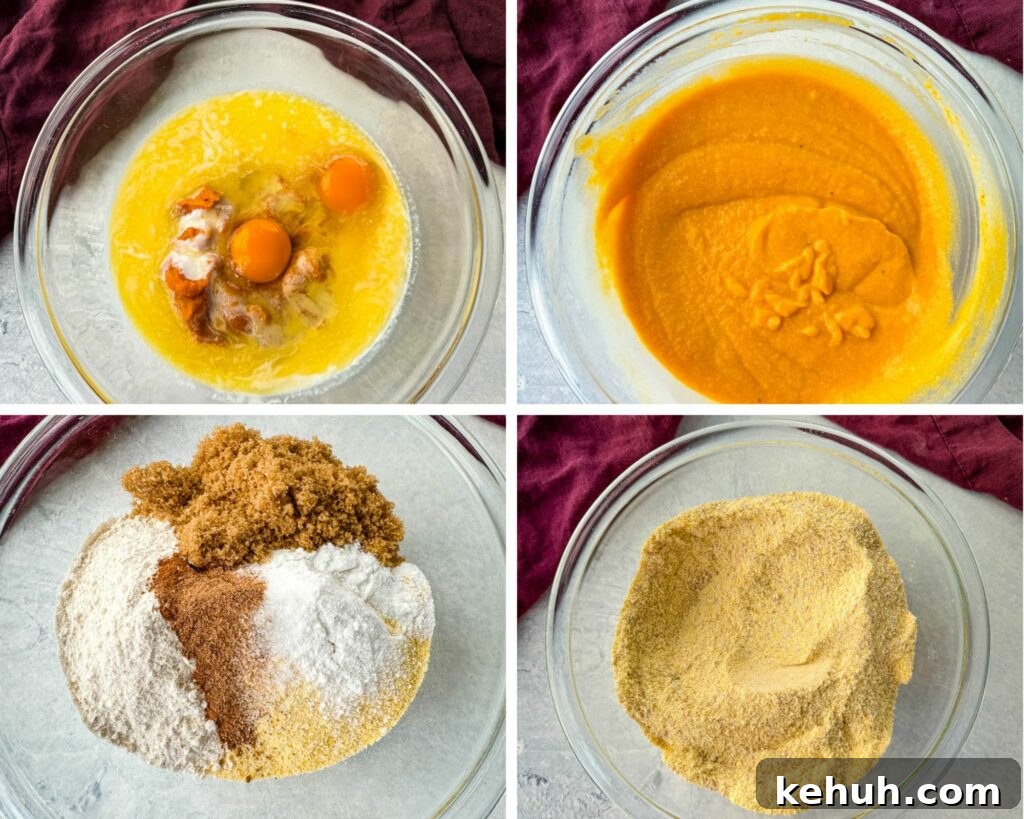 dry and wet ingredients for sweet potato cornbread batter in a glass bowl