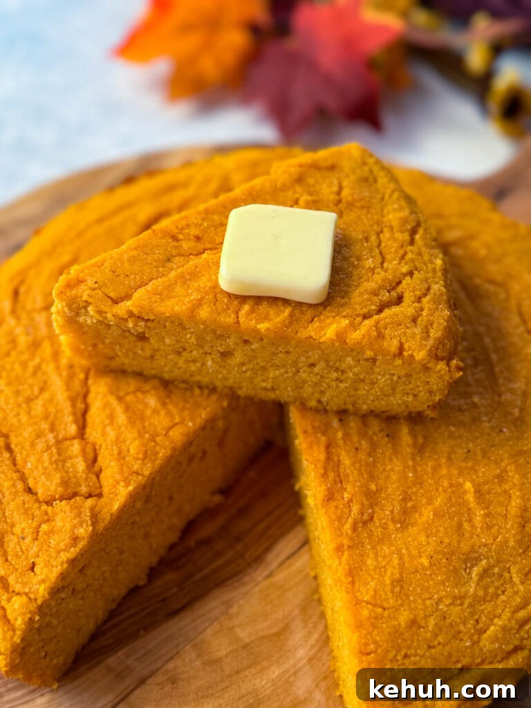 a slice of sweet potato cornbread with butter on top of a pan of sweet potato cornbread