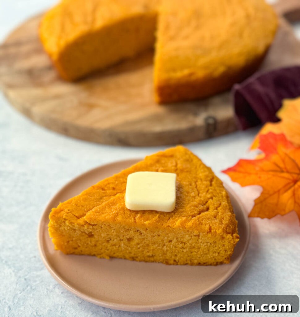 a slice of sweet potato cornbread with butter on a plate