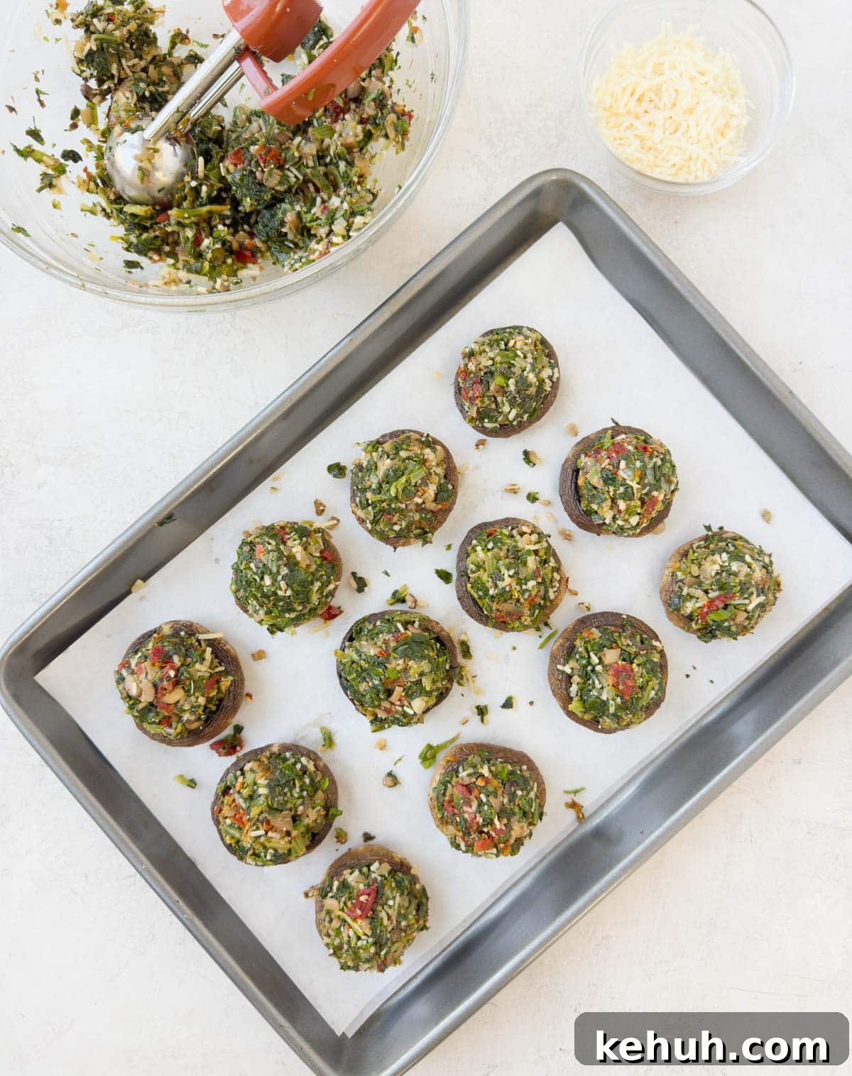 Parmesan Spinach-Stuffed Mushrooms: Savory Appetizer Recipe 13 Stuffing and mushroom caps ready to assemble.
