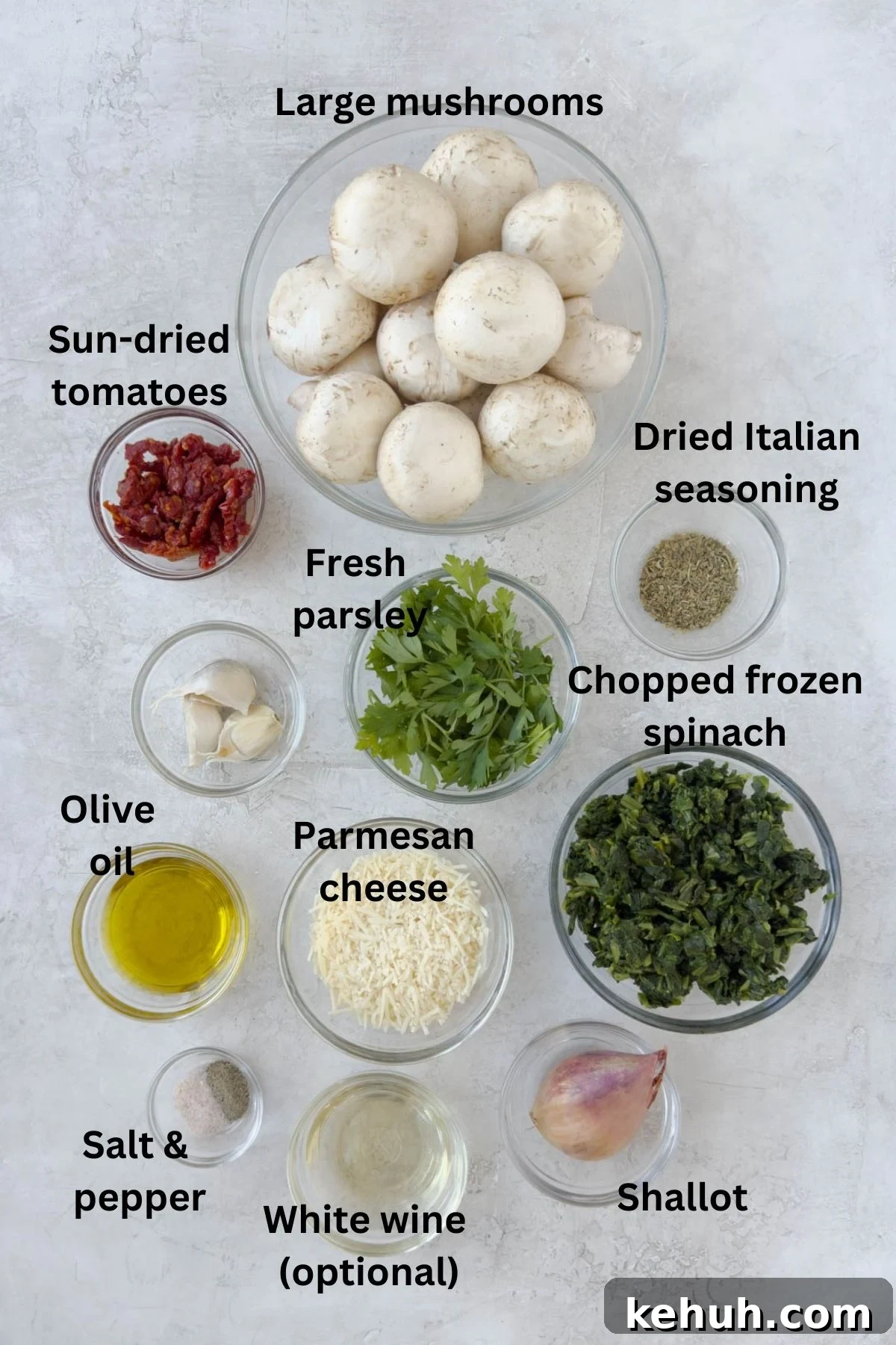 Parmesan Spinach-Stuffed Mushrooms: Savory Appetizer Recipe 3 Ingredients for spinach stuffed mushrooms in prep bowls on the counter.