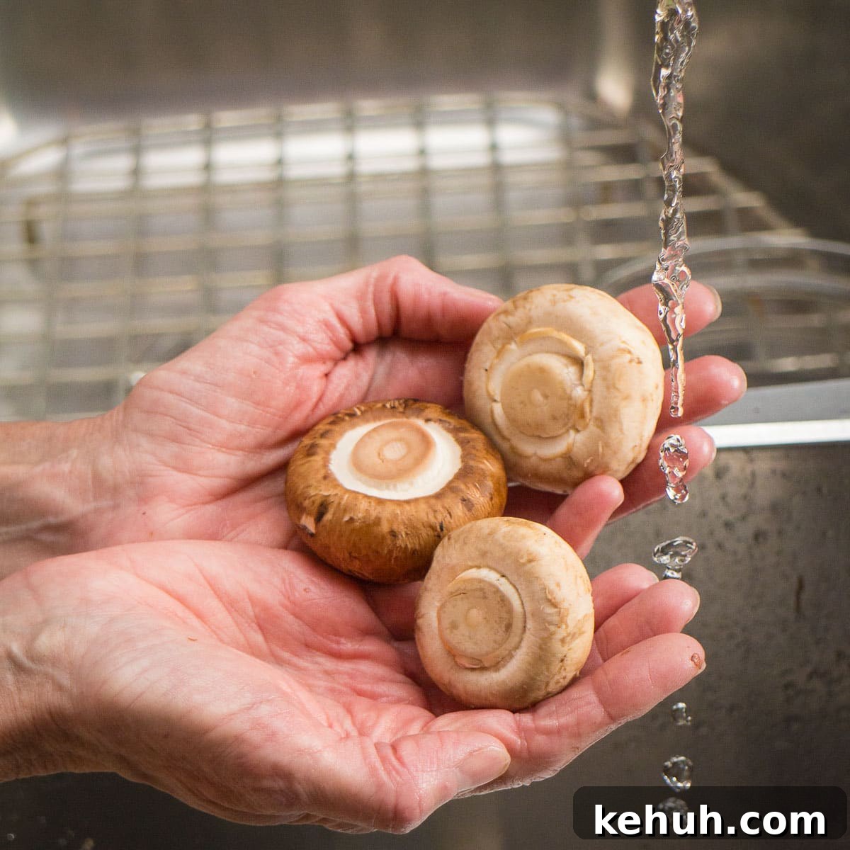 Parmesan Spinach-Stuffed Mushrooms: Savory Appetizer Recipe 5 Hands holding mushrooms under a trickle of water to rinse them.