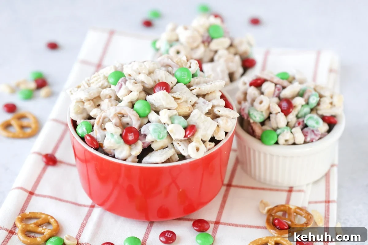 Reindeer food recipe scooped into bowls on dish towel.