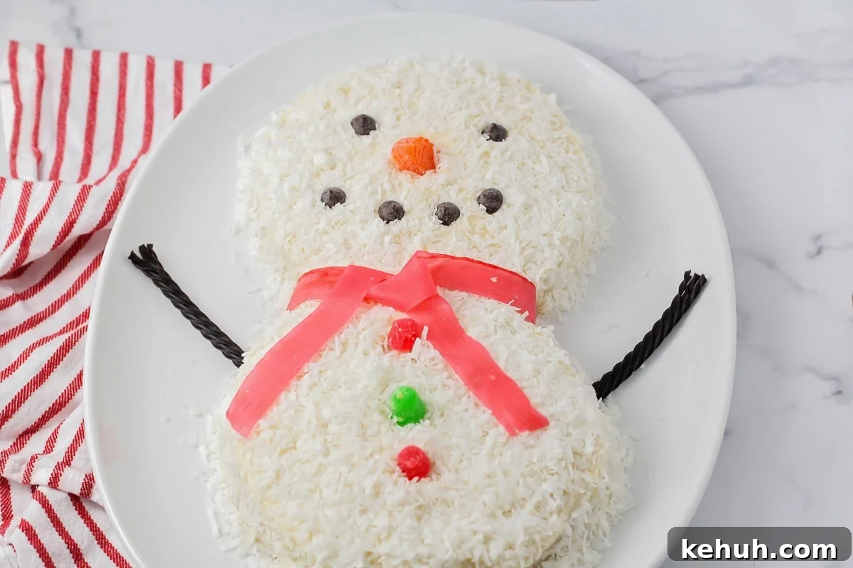 Snowman cake close up image.