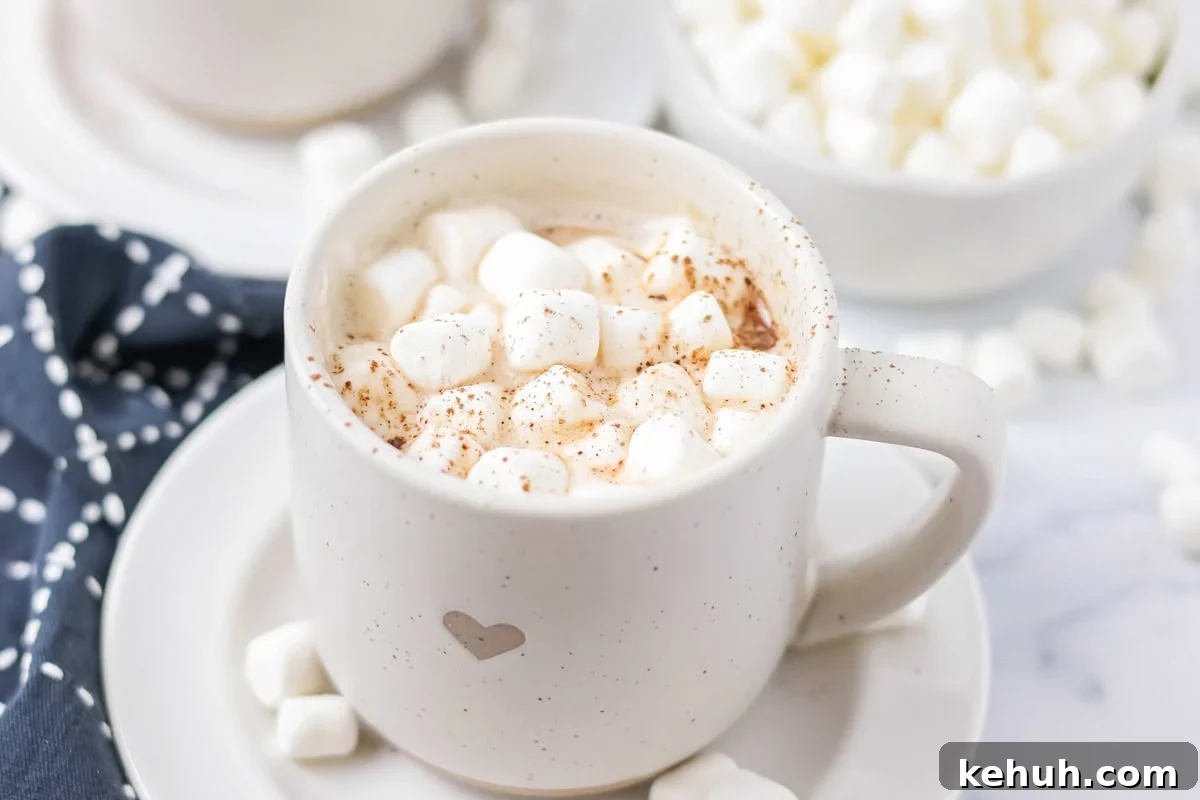 Crockpot hot chocolate recipe poured into mug with marshmallows in it.