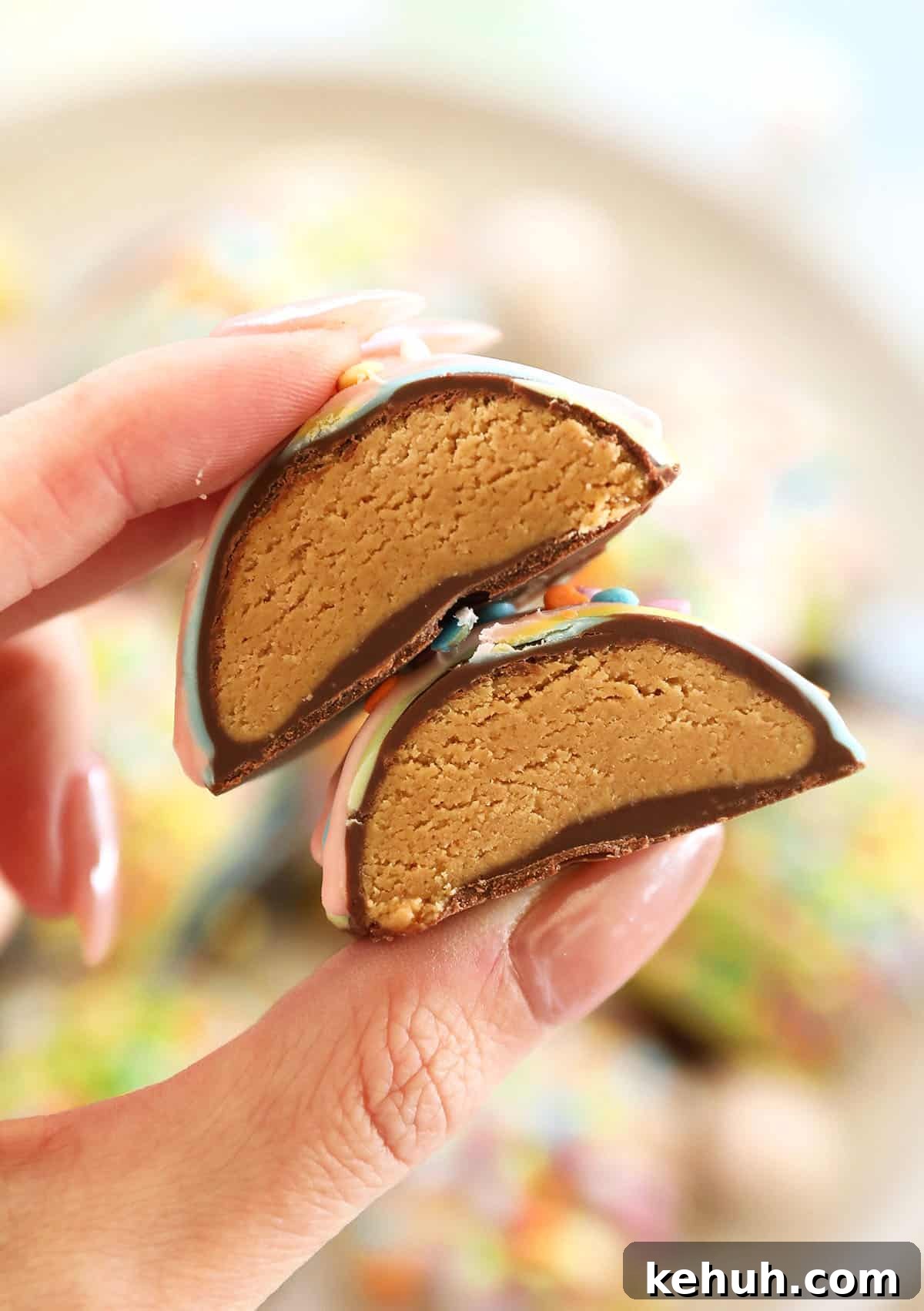 These Healthy Chocolate Peanut Butter Eggs are an easy no-bake Easter treat made with just a few simple ingredients! A healthier version of Reese's eggs that are gluten-free and refined sugar-free!