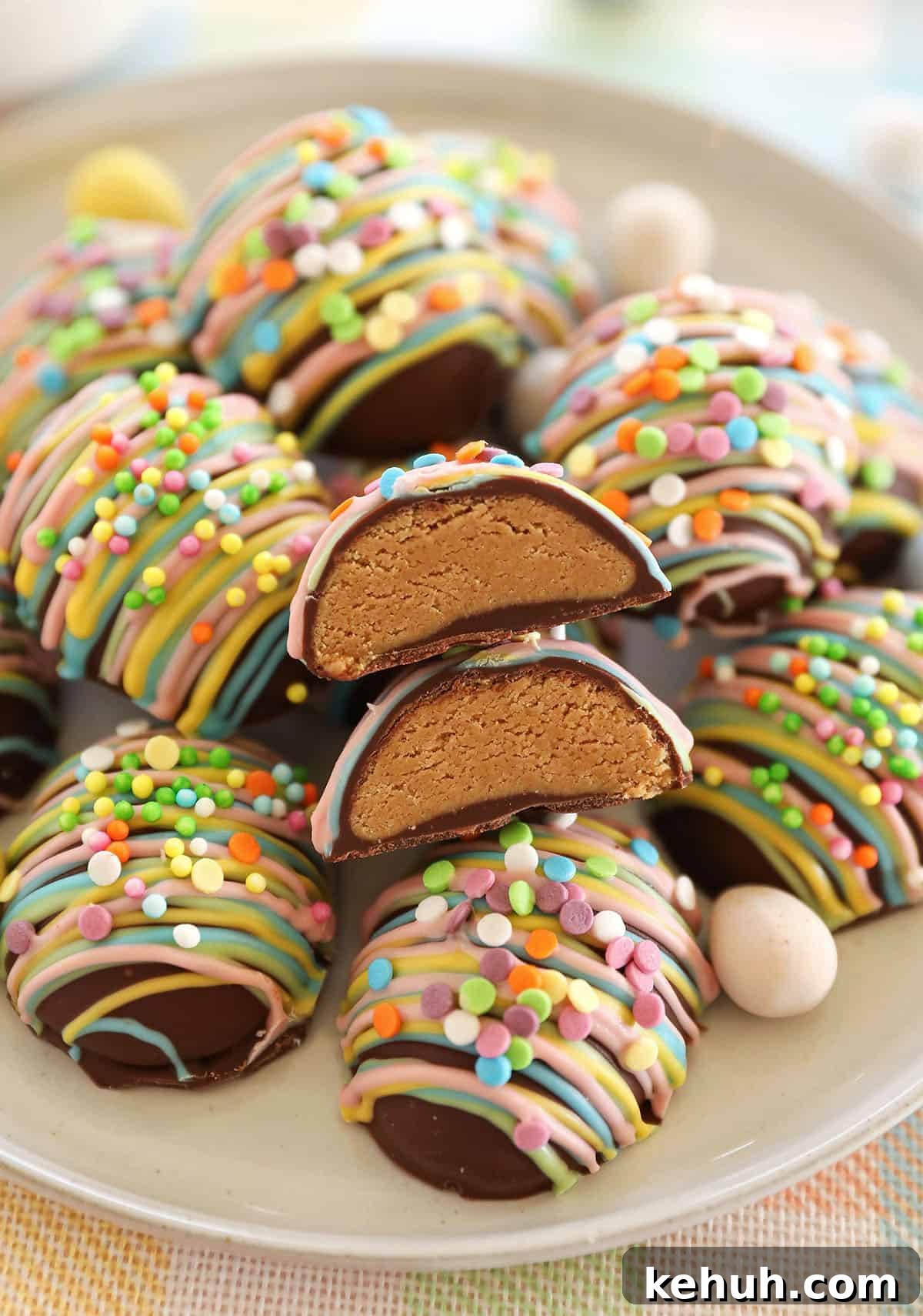 These Healthy Chocolate Peanut Butter Eggs are an easy no-bake Easter treat made with just a few simple ingredients! A healthier version of Reese's eggs that are gluten-free and refined sugar-free!