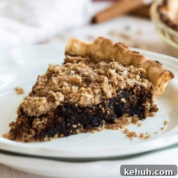 A slice of Shoofly Pie on a white plate.