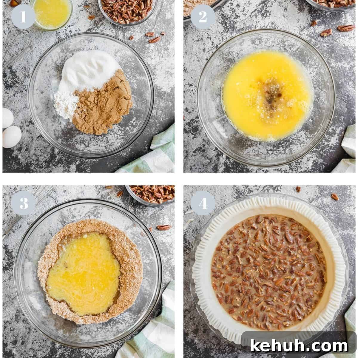 Mixing ingredients for making a homemade pecan pie from scratch.