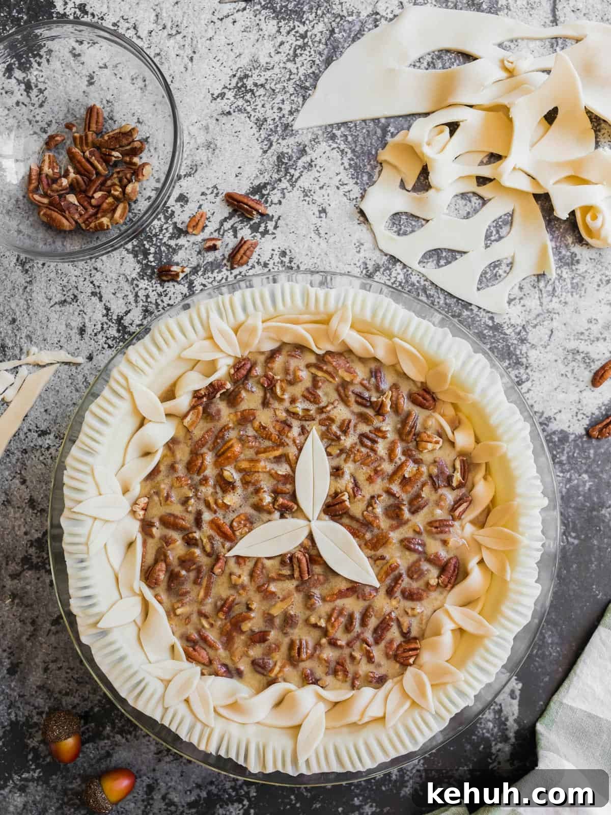 Decorating a homemade pecan pie
