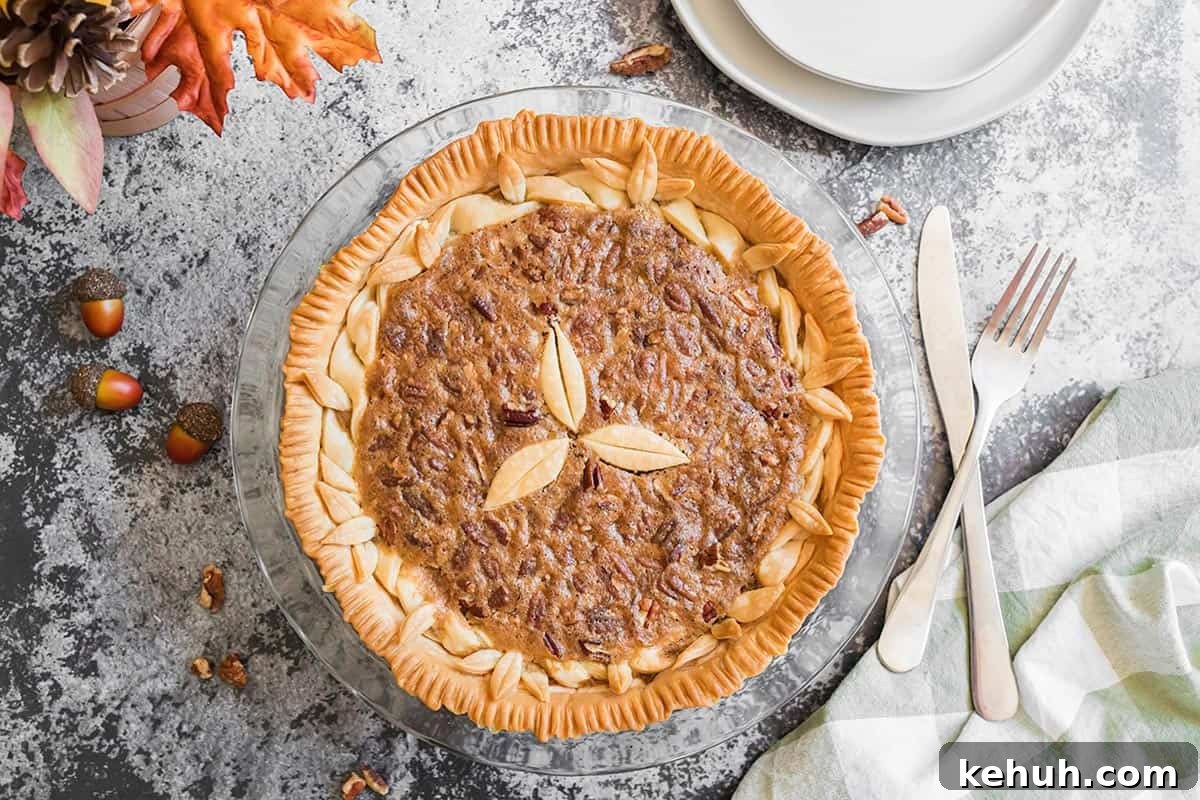 A homemade pie with acorns and fall leaves on the side.
