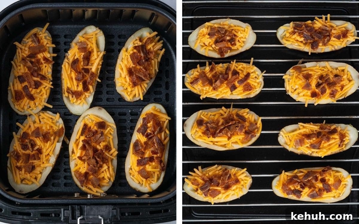 Crispy Air Fryer Potato Skins Filled with Cheesy Bacon 9 Potato skins before cooking in Cosori air fryer and Instant Omni Plus