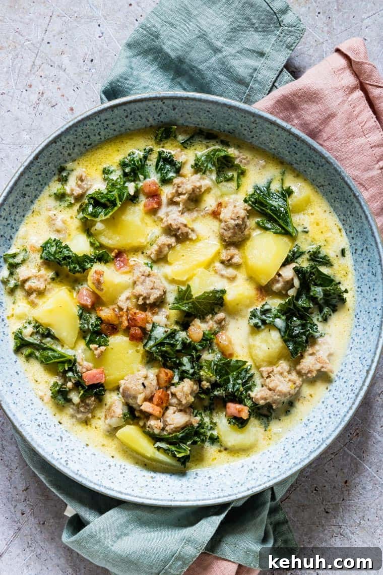 Instant Pot Soup Recipes You’ll Actually Love 12 top down view of a bowl of Instant Pot Zuppa Toscana