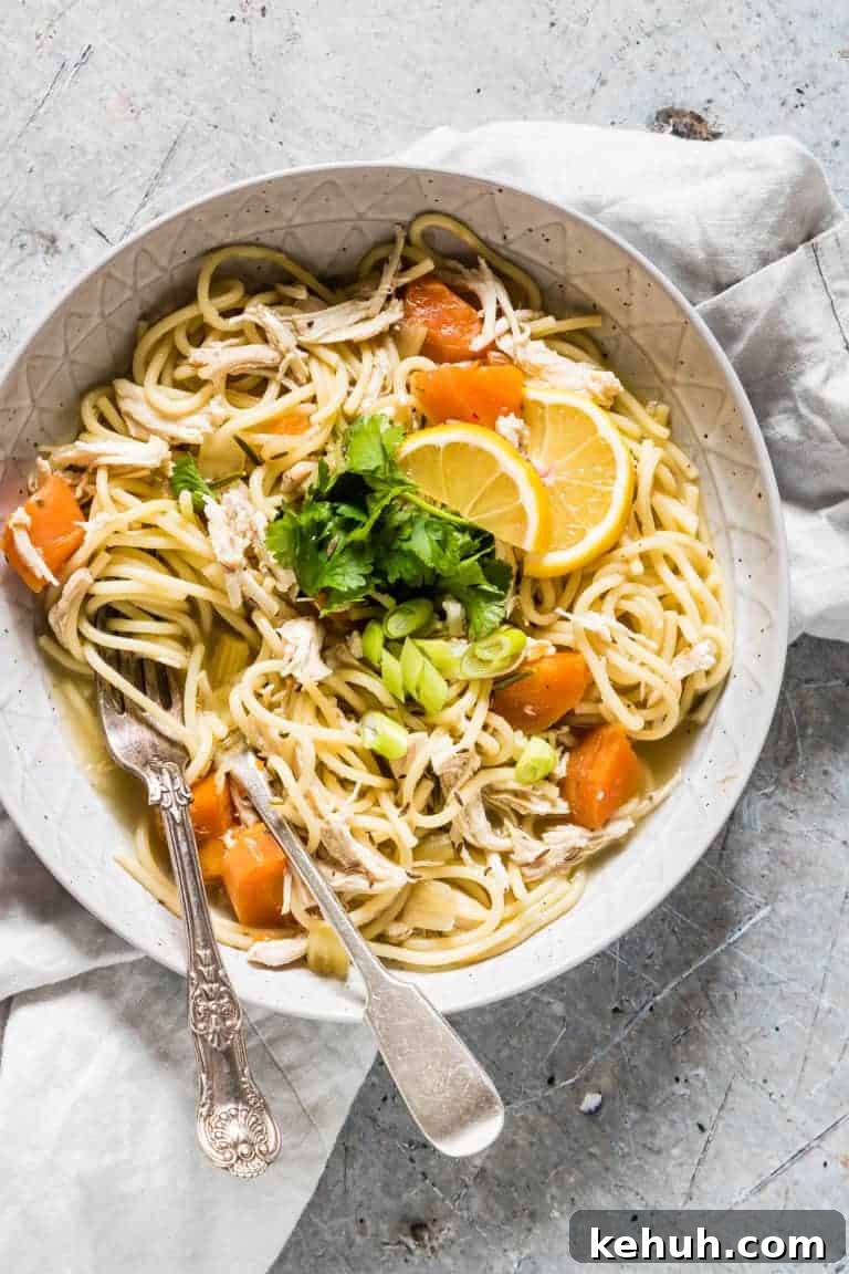 Instant Pot Soup Recipes You’ll Actually Love 3 instant pot chicken soup in a serving bowl with spoon sticking out