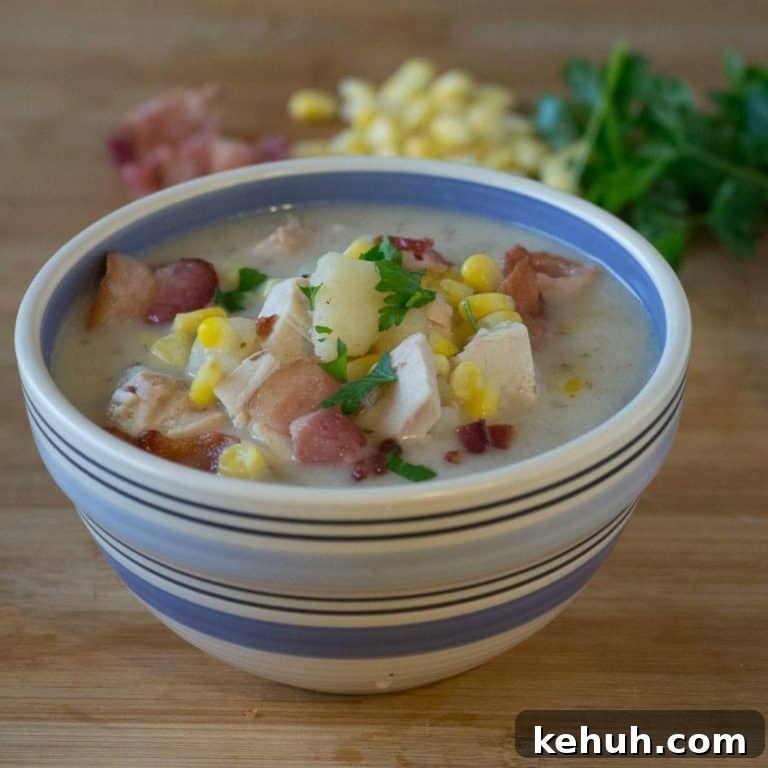 Instant Pot Soup Recipes You’ll Actually Love 6 turkey corn chowder in a blue striped bowl