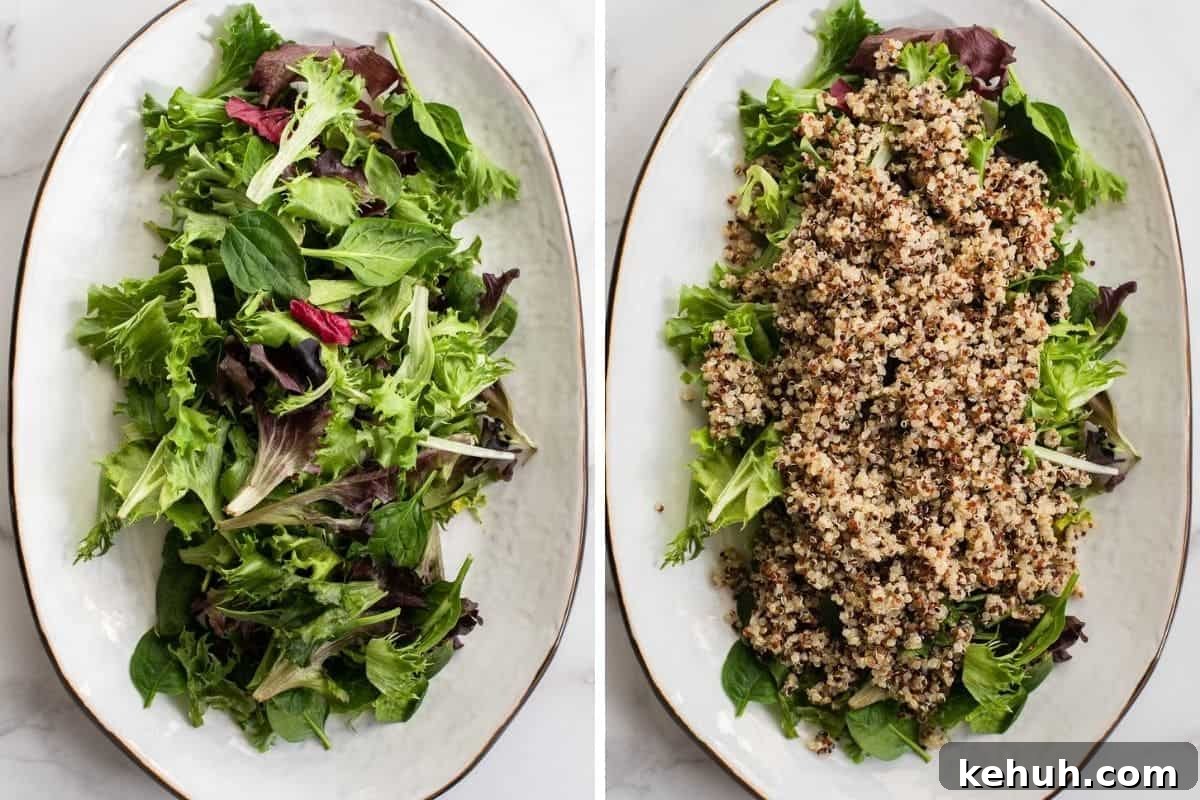 Citrus Quinoa Salad with Avocado and Mint 3 salad greens and quinoa on a large platter