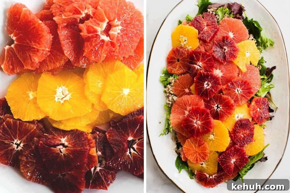 Citrus Quinoa Salad with Avocado and Mint 5 slices of a variety of oranges topped on a bed of greens