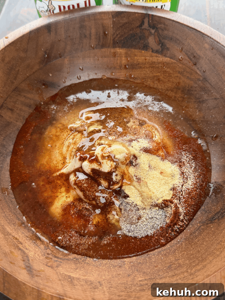 creamy sauce in a wooden bowl