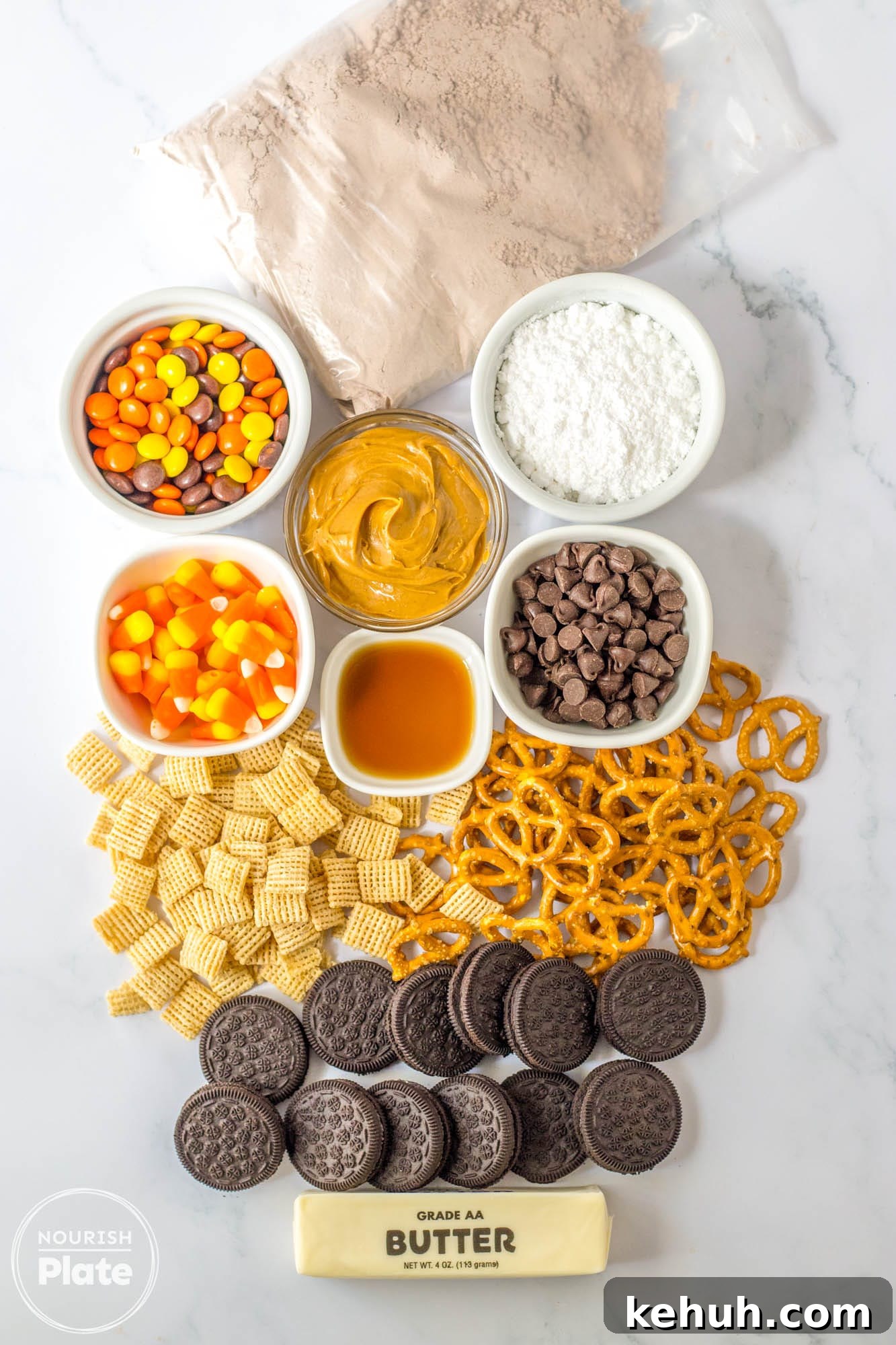 Autumn Puppy Chow: Cozy No-Bake Snack Mix Recipe 3 Ingredients needed to make fall puppy chow mix