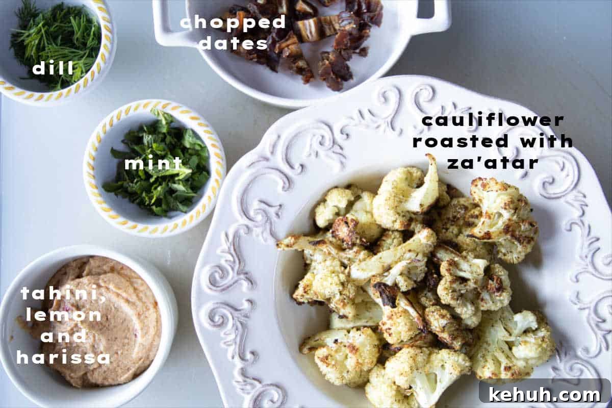 Roasted Cauliflower with Tahini Sauce and Sweet Dates 3 Ingredients for making roasted cauliflower with tahini and dates, with text overlay.