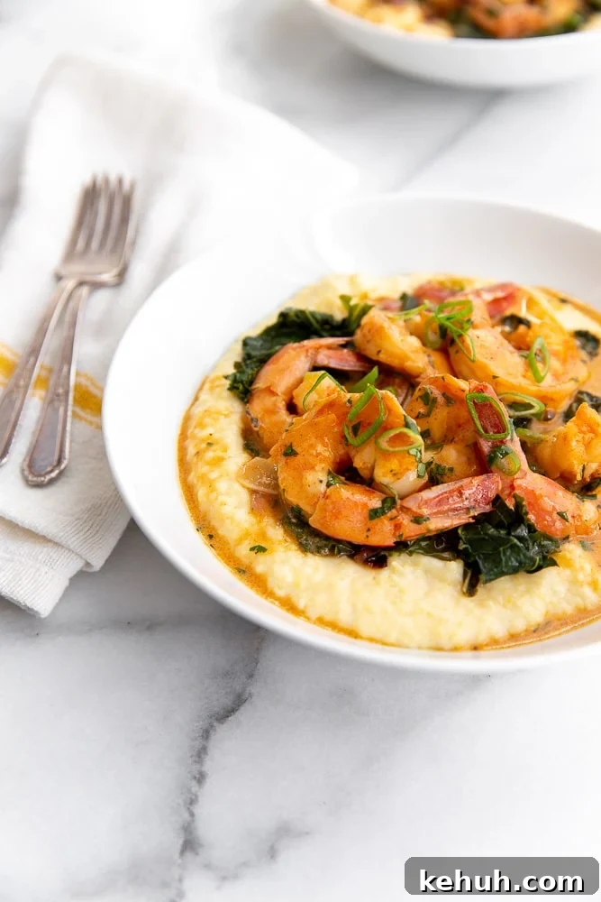 Coconut Sriracha Shrimp with Garlicky Kale Bowl 2 Coconut sriracha shrimp and kale in bowl over grits