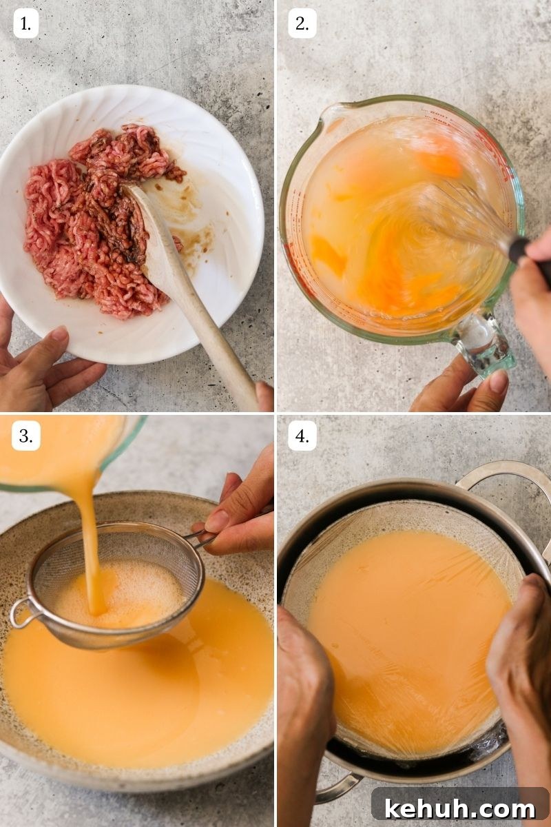 numbered step by step photos showing how to prepare the pork and strain the egg. 