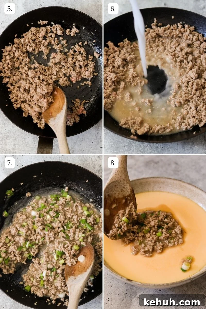 numbered step by step photos showing how to cook the pork and egg. 