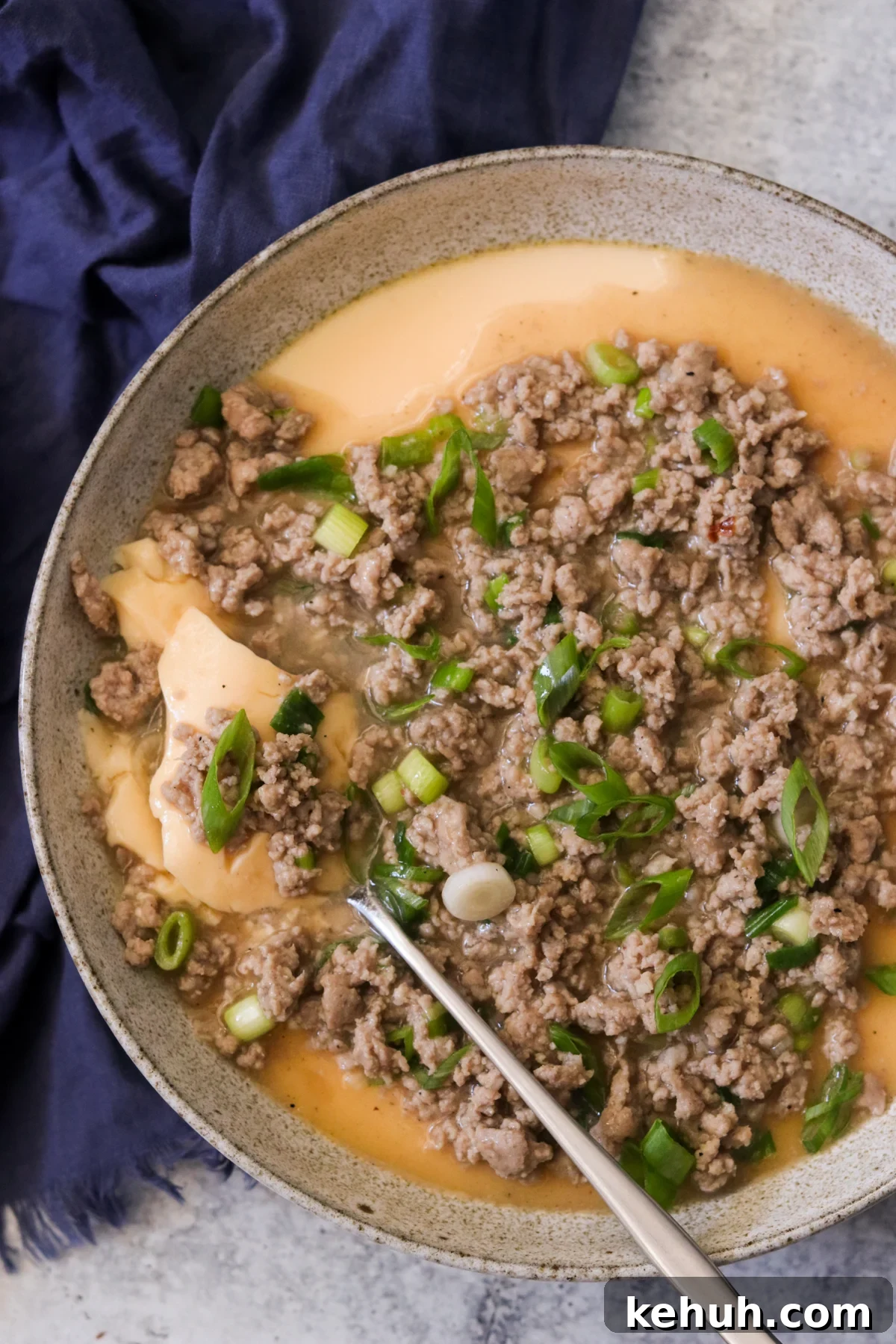 an overhead shot of a bowl filled with Chinese steamed egg and topped with minced pork and green onions. 