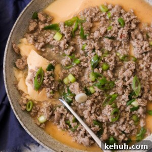 an overhead shot of a bowl filled with Chinese steamed egg and topped with minced pork and green onions.