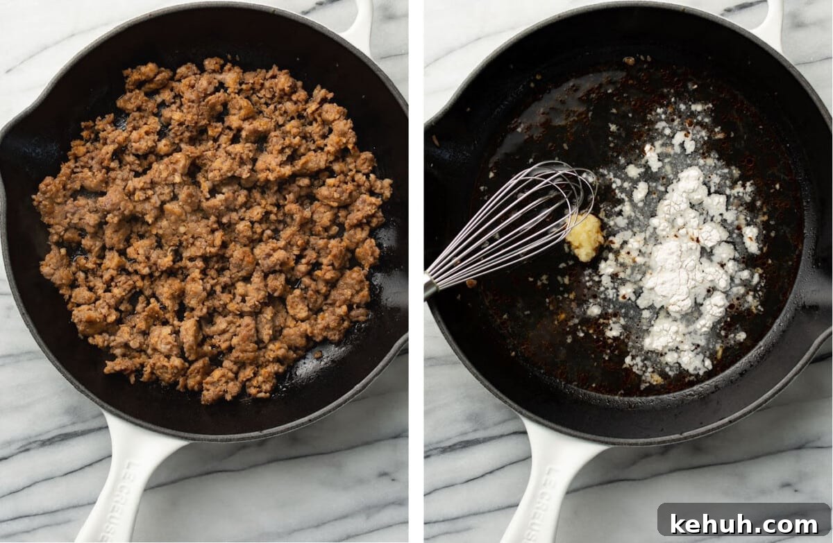 browning sausage meat in a skillet and whisking in garlic and flour and broth