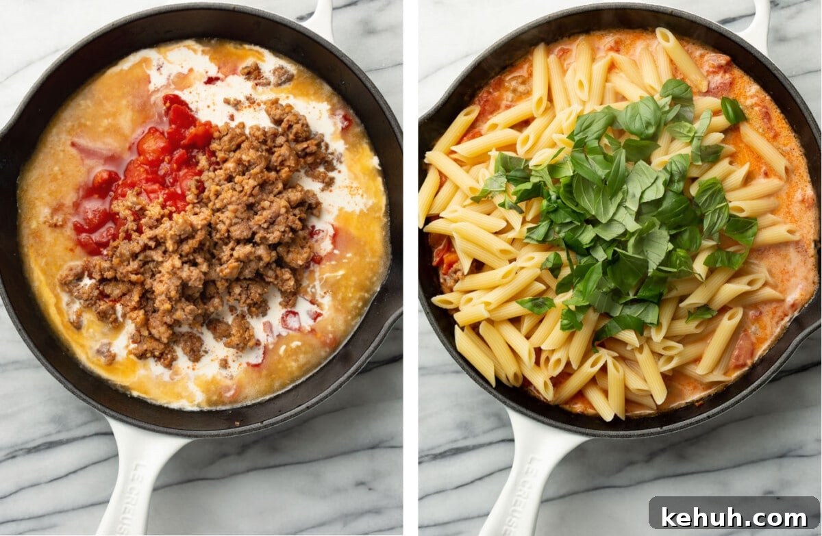making the sauce for spicy italian sausage pasta in a skillet, and adding in penne and fresh basil