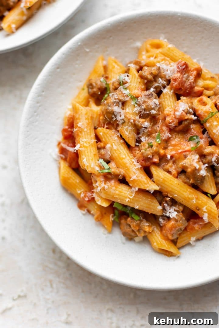 Italian sausage penne close-up
