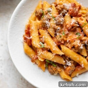 Italian sausage penne close-up
