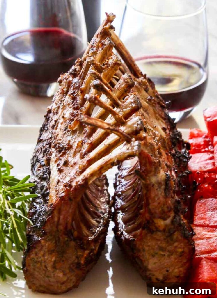 A beautiful grilled rack of lamb on a white platter with rosemary sprigs and watermelon skewers.