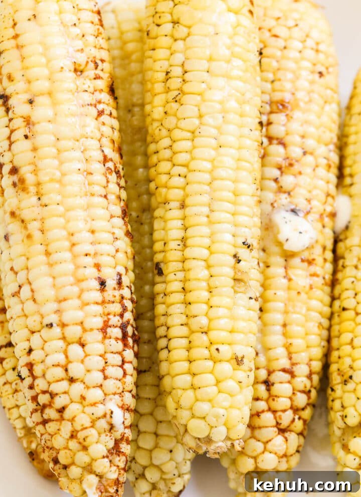 Ears of grilled corn on a white platter seasoned with melted butter on top.