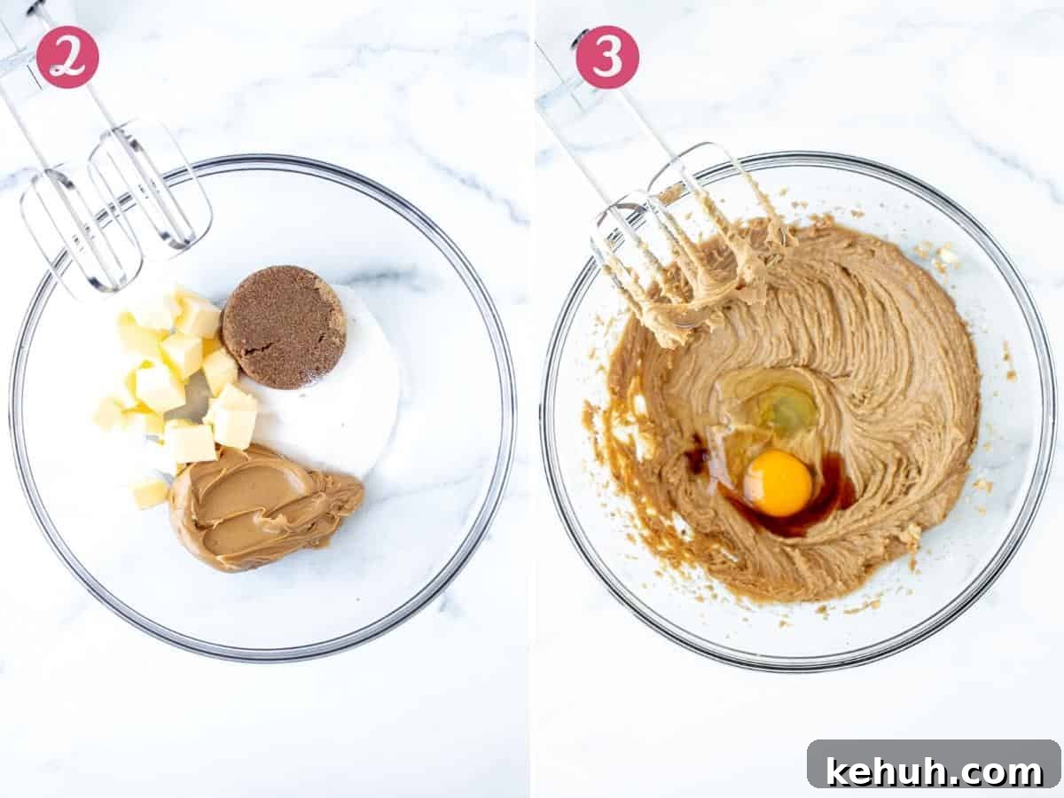 Bowl of butter, sugars and peanut butter, and bowl of ingredients mixed together with egg and vanilla extract added.