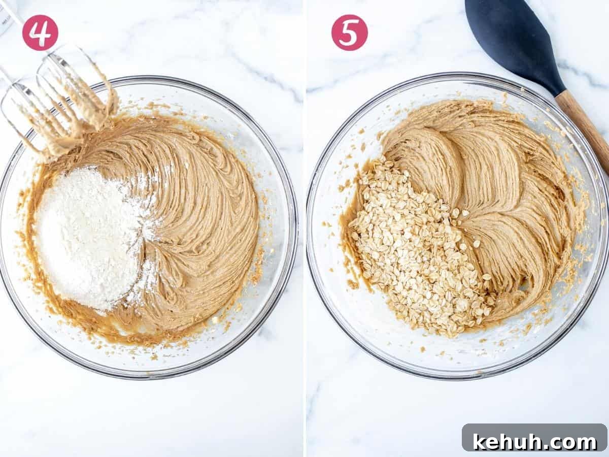 Bowl of cookie dough with flour added and bowl of cookie dough after oats are added.