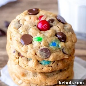 Stack of peanut butter M&M cookies with glass of milk