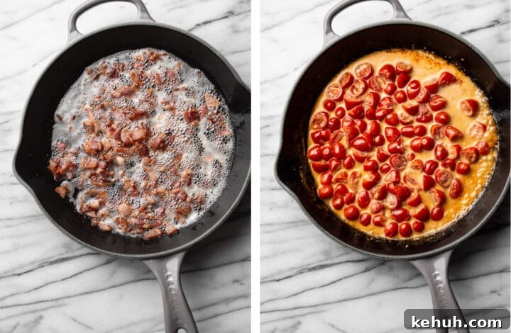 frying bacon in a skillet and adding in tomatoes for blt pasta