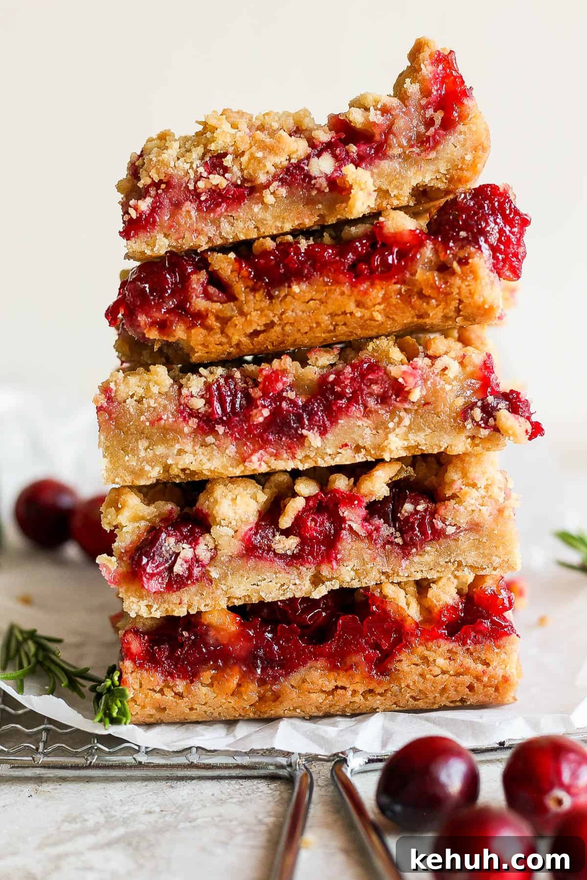 Five cranberry bars stacked on top of one another on a plate.