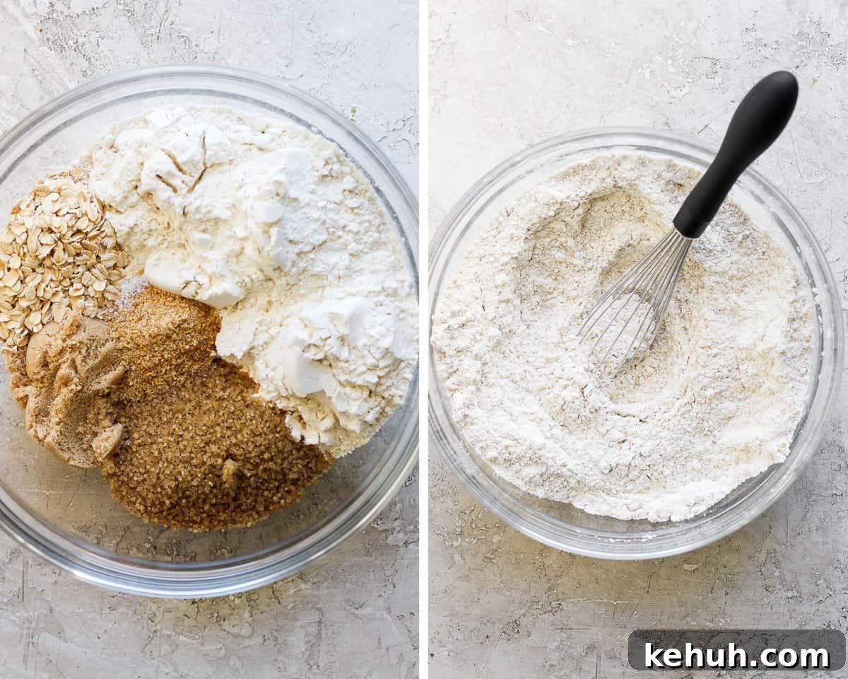 A bowl of  cup brown sugar, cane sugar, all purpose flour, rolled oats, ground flax and salt.  Then that same bowl of ingredients mixed together.